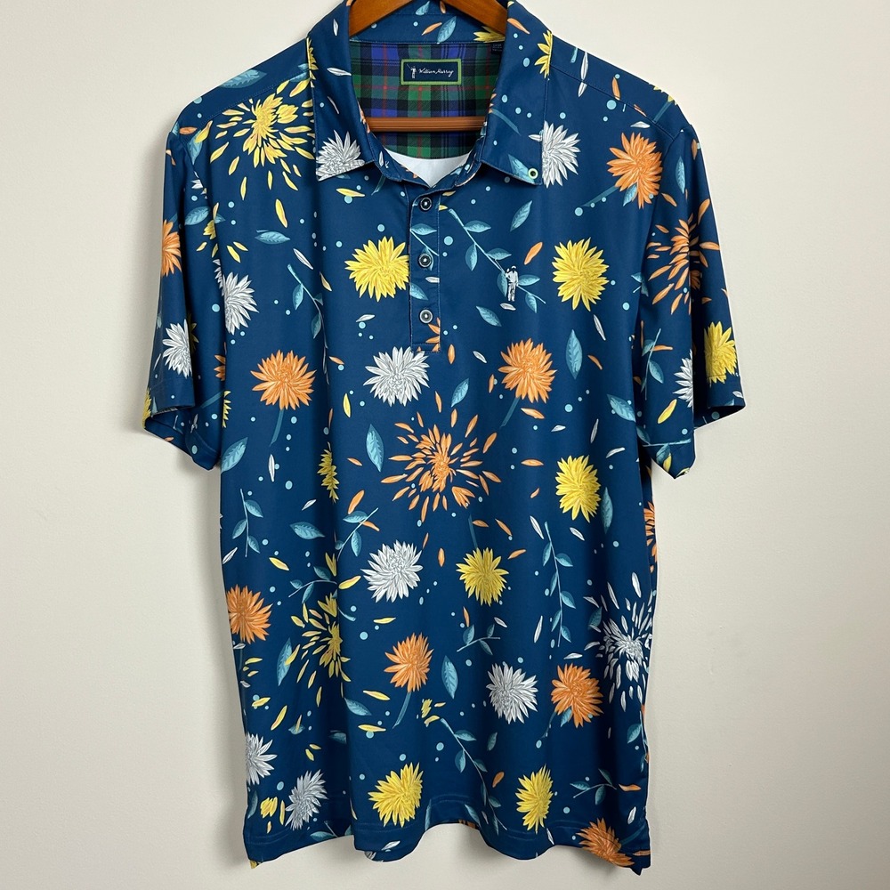 William Murray Golf Polo Mens Blue Yellow Floral Shirt Size L